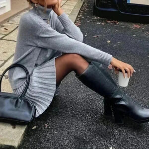 Grey Casual Women's High Neck Pullover Sweaters & skirt set